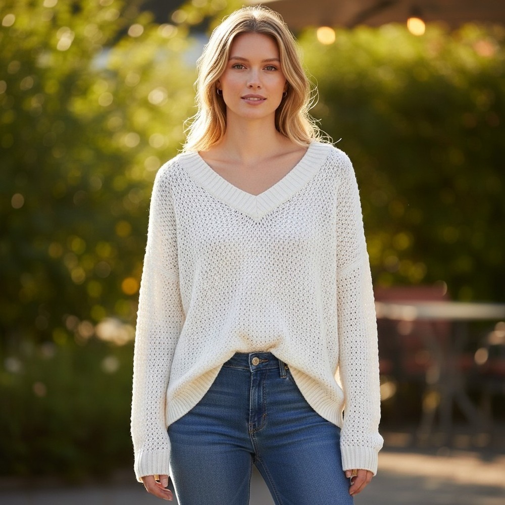 Talbots Open Weave V-Neck Sweater White Lightweight Cotton Knit Pullover XL
